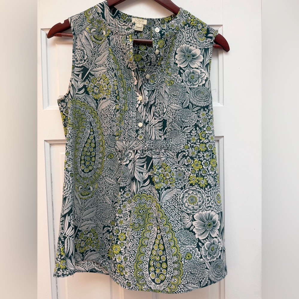 J. Crew Green and White Paisley Floral Blouse